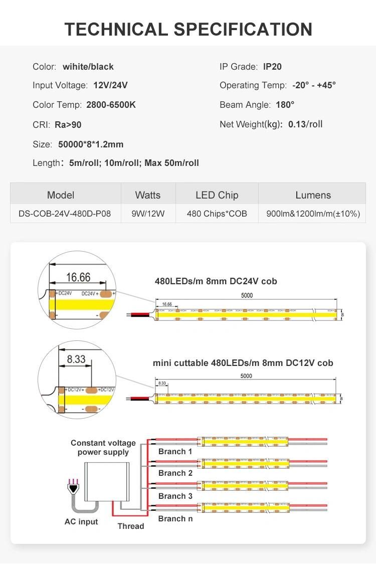 DOT Free COB LED Strip Light High Density 480 LEDs/M Flexible LED Fcob Flexible Strip