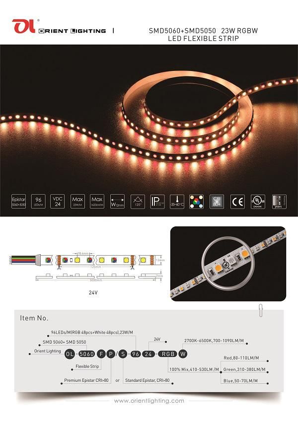 UL Ce Epistar 5060+5050 96LEDs/M 23W/M 3000K RGBW LED Strip Light