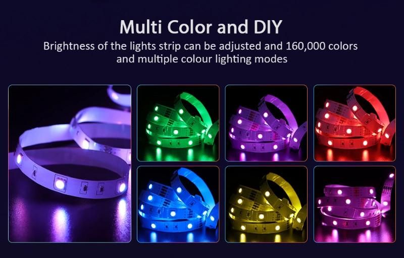 WiFi 5050 RGB Music Decoration Lamp Outdoor Waterproof Car TV Backlight Coloured Remote Smart Flexible SMD LED Strip Light with Alexa Google for Party Christmas