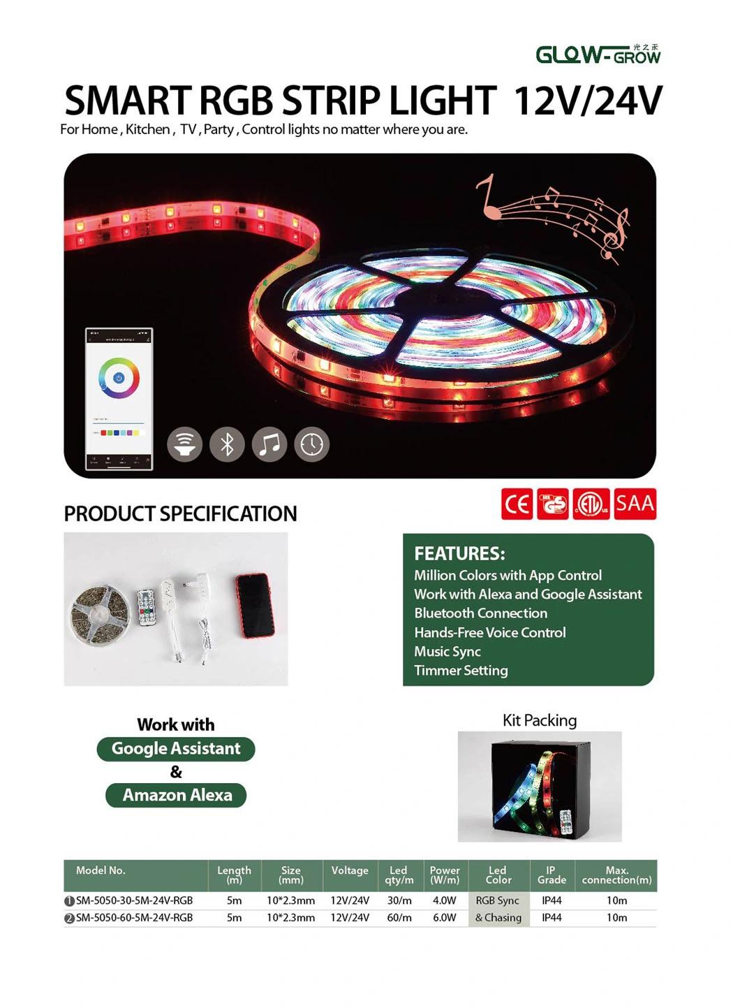 12V Smart Music Sync Timer Color RGB LED Strip Light for TV Backlight House Party Decoration