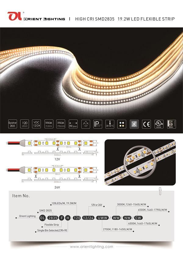 UL Ce Epistar 2835 19.2W/M 12V 5800K IP20 High Density LED Strip Light