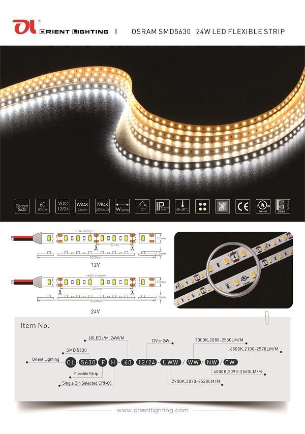 UL Ce Osram 5630 60LEDs 24W 24V IP67 Waterproof Strip Light LED