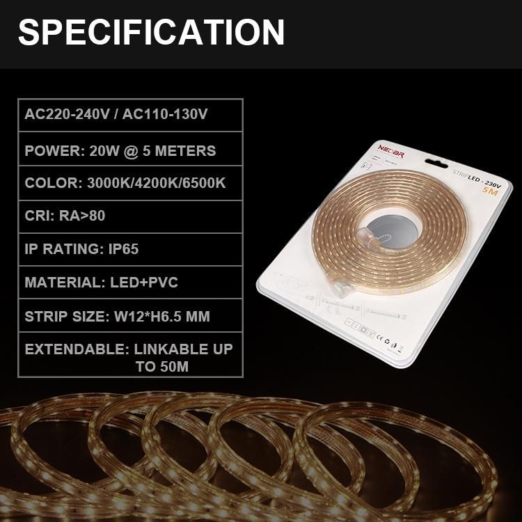 SMD 2835 60LED AC 230V LED Strip Light 5 Meters Pack with Power Supply Ce RoHS Certificate