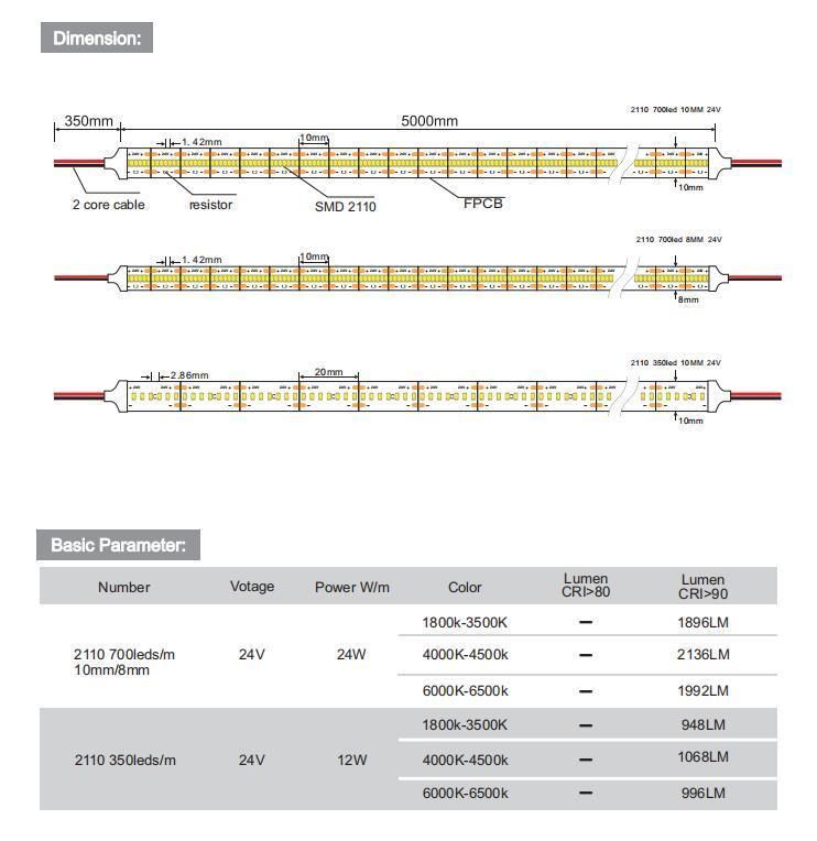 No Dots DC24V Warm White 3000K CRI 90 SMD2110 High Densiyt 700LEDs Flexible LED Strip Light