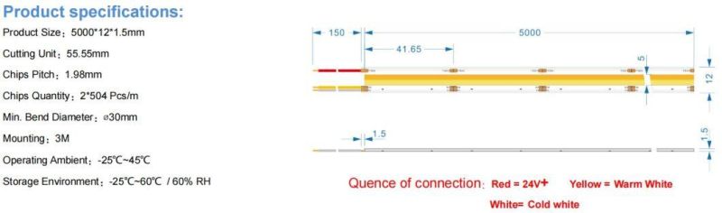 Tunable CCT COB Light Strip 504LED Dotless Pure Copper FPC