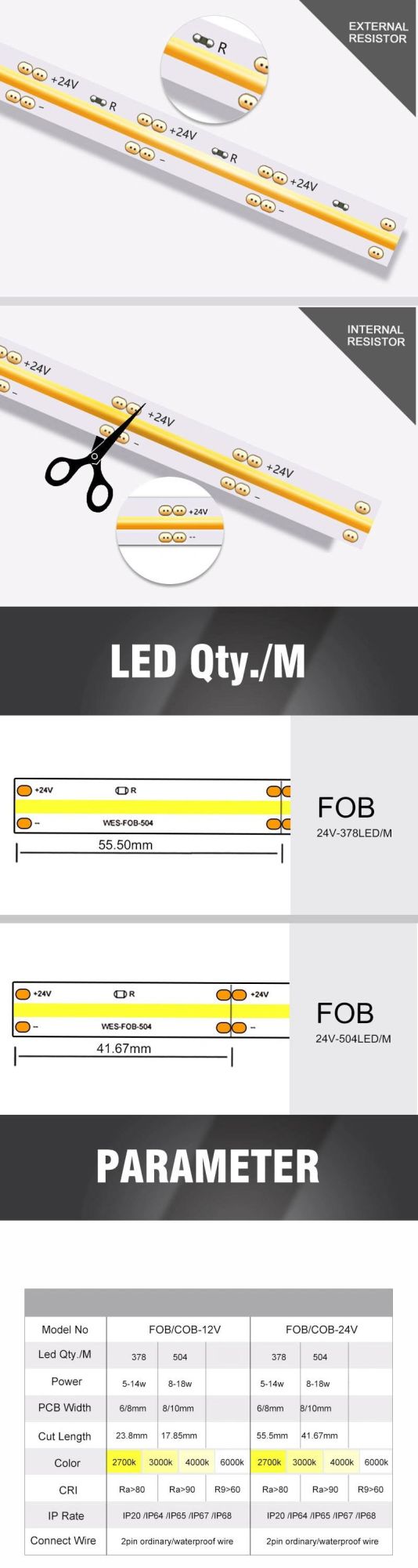 Glite Fcob COB LED Strip 360LED/M 504 LED/M DC24V LED Strip Light 180 Degree Big View Angle Dotless