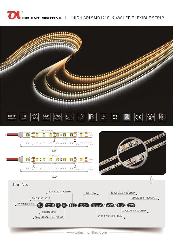 UL Ce High CRI90 1210 3528 24V 3000K 120LEDs IP20 Strip Light LED