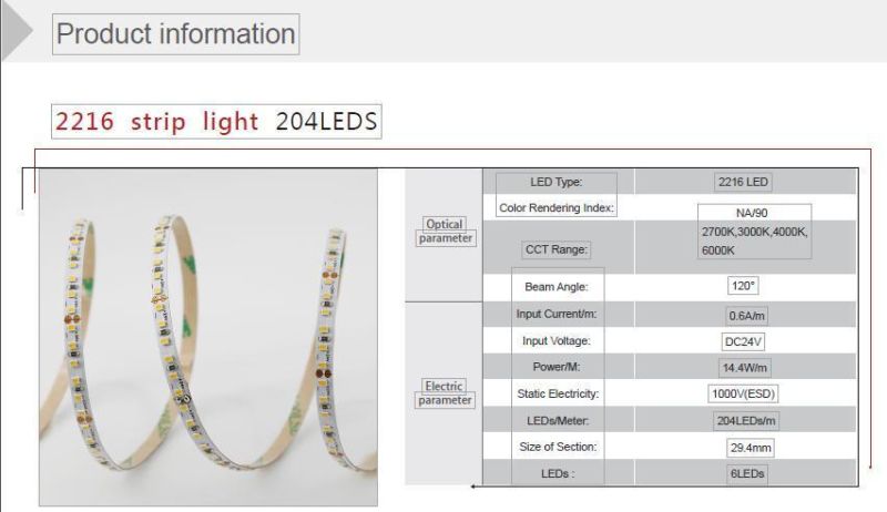 Indoor Decorate Simple Cuttable Installable SMD LED Strip Light 2216 204LEDs/M DC24V