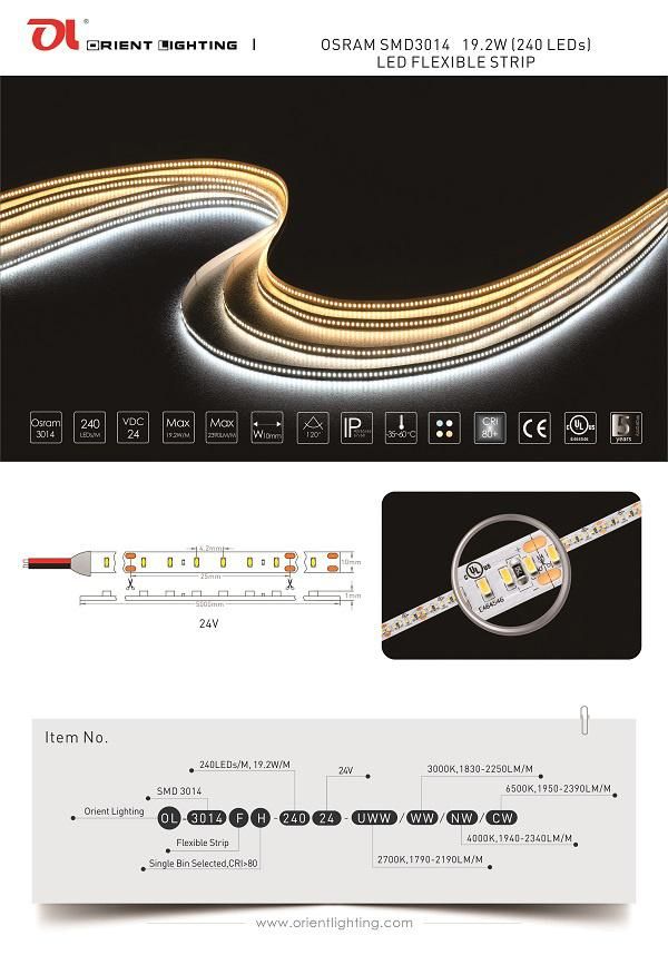 UL Ce Osram 3014 19.2W 240LEDs 24V CRI80 3000K Strip Light LED