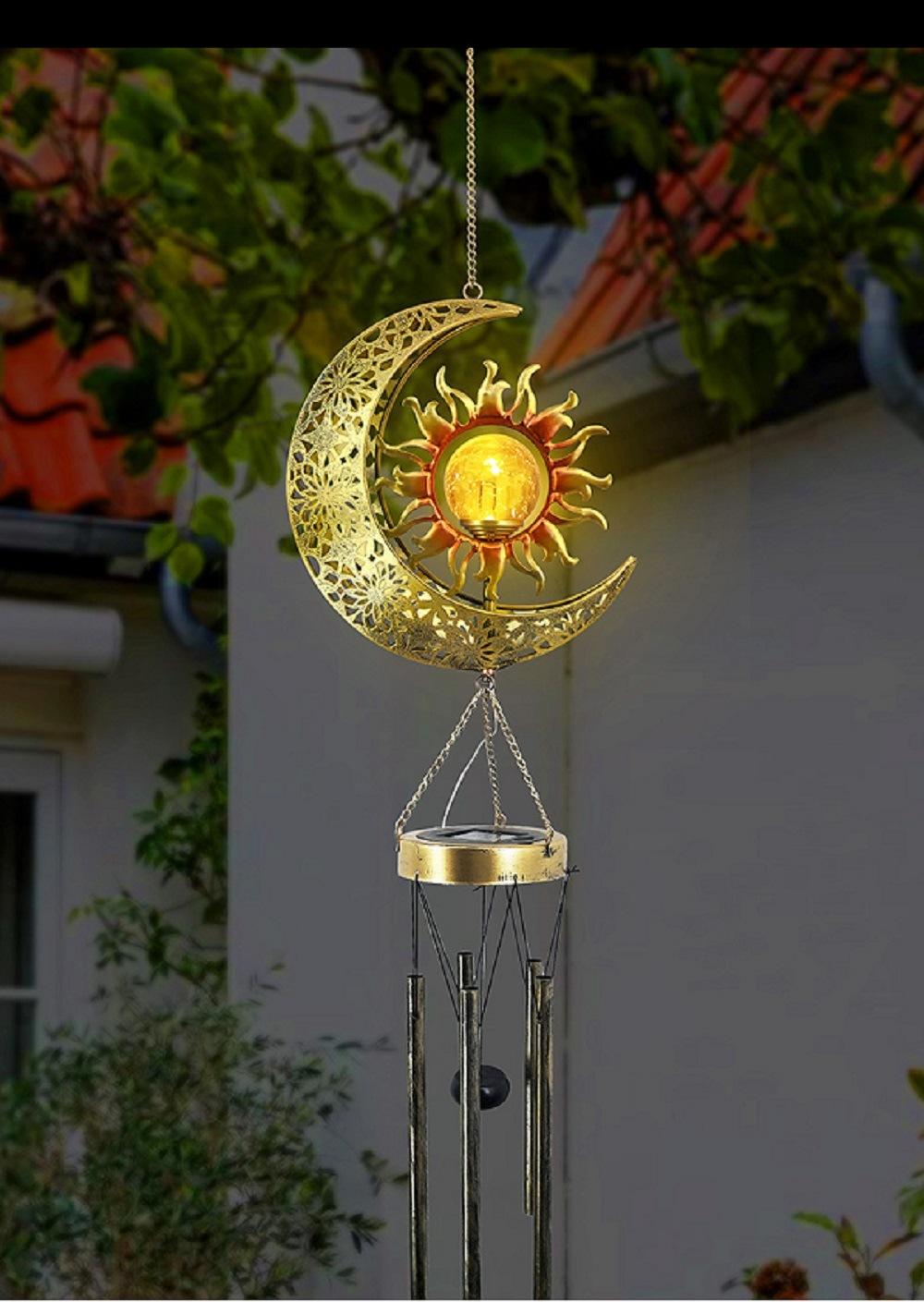 Sun Moon Hanging Outdoor Dé Cor Crackle Glass Ball Warm LED Memorial Wind Chimes Light with Deep Tone Metal Tubes Waterproof Wyz18489