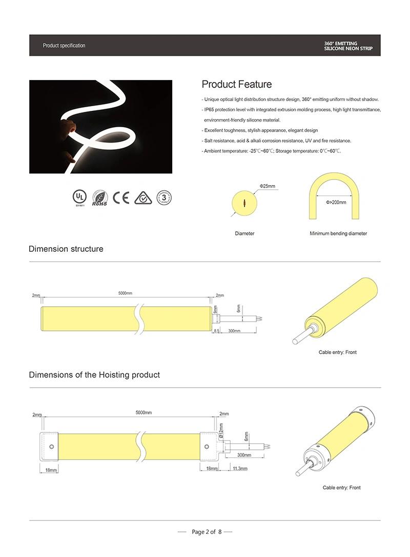 CE / RoHS / UL Listed 22mm 25mm 30mm 40mm 24V DC Low Voltage 360 Degree Emitting Silicone Round LED Rope Light