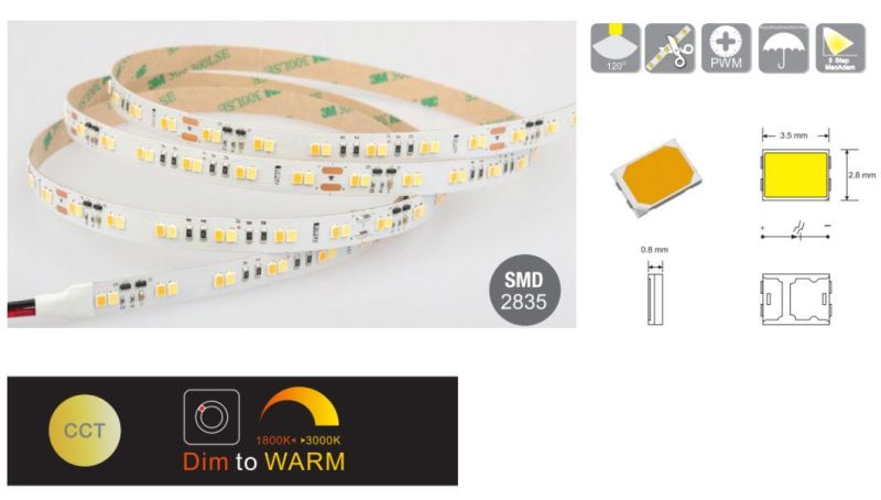 SMD2835 120 LEDs/M Dim to Warm LED Light Strip for Decorative LED Lighting