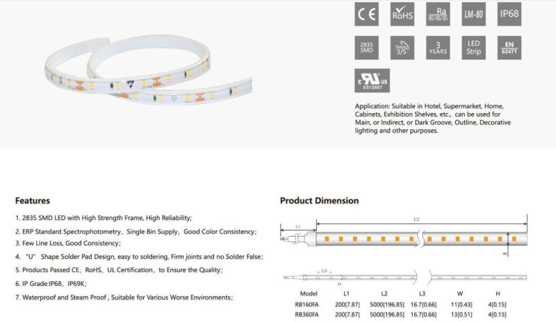 TUV-CE, UL Approved 11mm 2835SMD IP68 Waterproof LED Strip Light