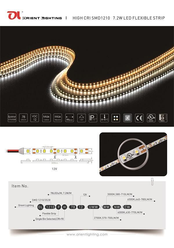 UL Ce SMD 1210 Super Bright 78 LEDs/M LED Strip Light