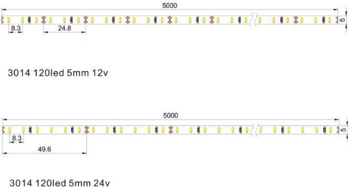 DC 12V/24V SMD3014 Side View 156LEDs/M Flexible LED Strip Light for LED Linear Light