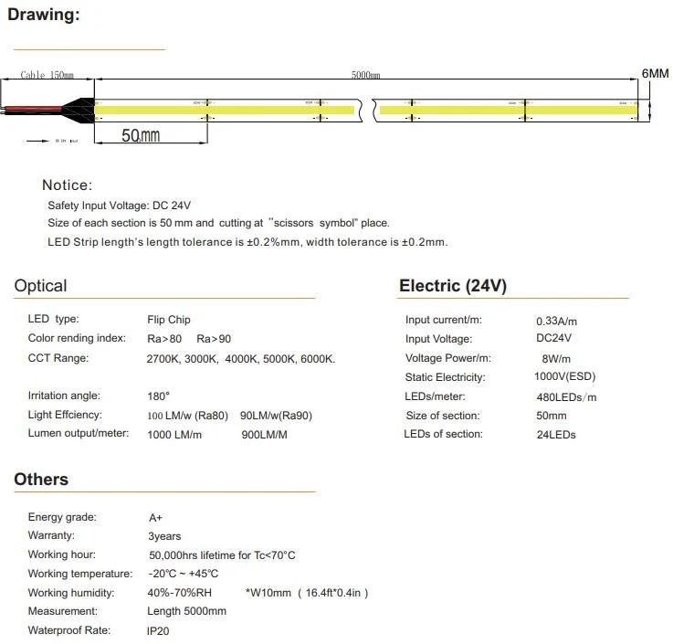 New Design High Brightness Uniform Lighting COB LED Strip Light 480LED 6mm DC24V