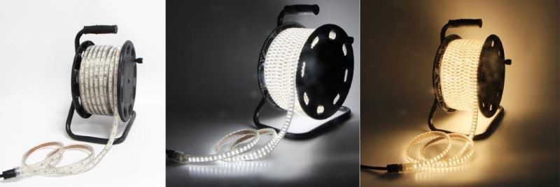 25m Outdoor Ce Certs LED Strip Light SMD 2835 on Drum Warm White 3000K 180 LEDs Per Meter IP65 230V AC 12W / M with Plug Socket