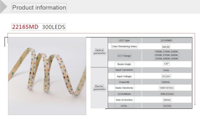 Energy Saving Simple Wholesales SMD LED Bar Light 2216 300LEDs/M DC24V with CE/UL/RoHS Certificate