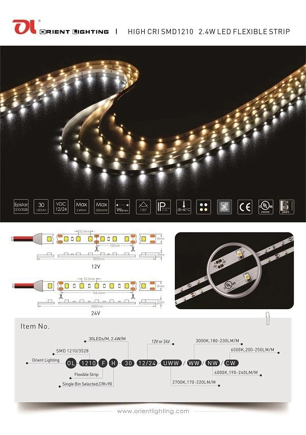 UL Ce C-Tick 2835 30 LEDs/M 12V 2.4W IP66 3000K Flexible LED Strip