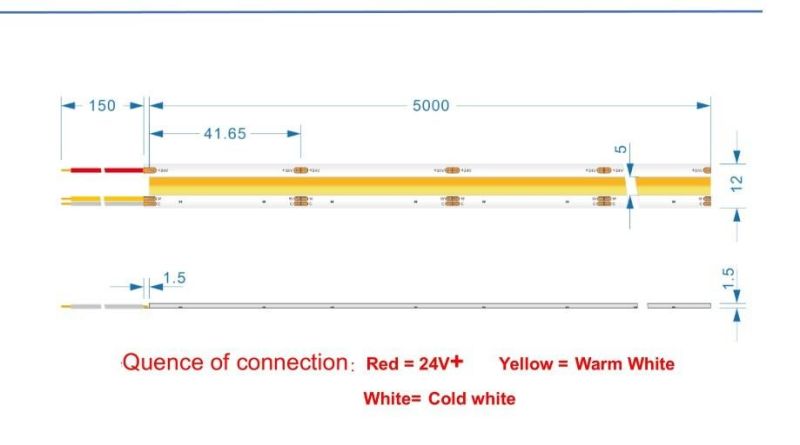 CCT Tunable 2700K-6500K DC24V 12mm Width Dotless 8.6W LED Flexible COB Strip