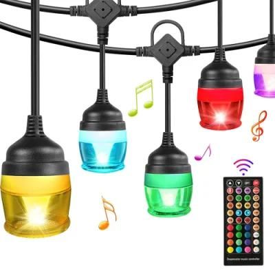 RGB Outdoor String Lights, Sync to Music, 12 Shatterproof Bulb, Backyard Hanging Patio String Lights