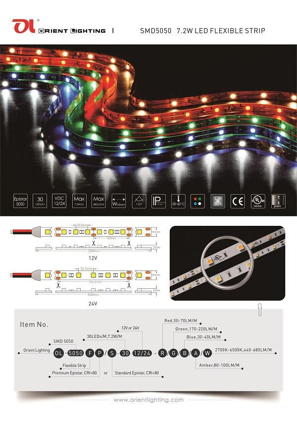 Ce UL 30 LEDs/M SMD 5050 High Power Flexible LED Strip Light