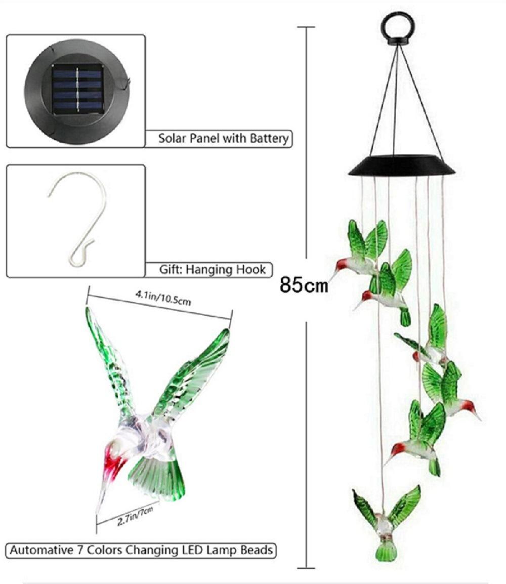 Wind Chime, Solar Hummingbird Wind Chimes, Color Changing Waterproof Outdoor Dé Cor, Home Yard Garden Decorations Wyz18486