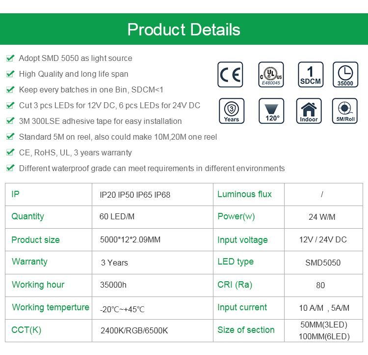 Hot Sale Rgbcct SMD5050 60LED/M 3 Year Warranty LED Light