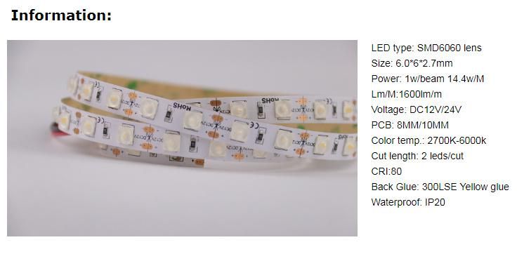 New Type IP 20 Waterproof 180 Degree Illumination Angle 1600 Lumen/M 2PCS LED Beams Per Cut SMD 6060 LED Strip Light with Lens More Brighter Than SMD5050
