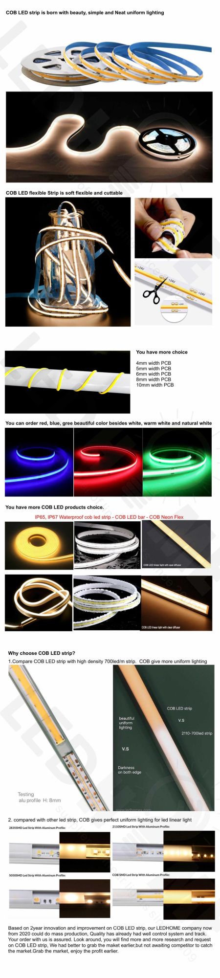 12V/24V High Lumen Output DOT-Free Flexible COB LED Strip with Homogenous Lighting