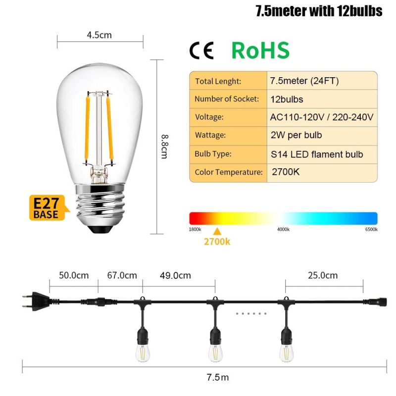 IP65 15m Commercial Grade LED String Lights S14 LED Retro Edison Filament Bulb EU Connectable Wedding Holiday Lighting Garland