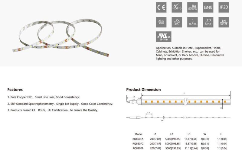 8mm 5000K 2835SMD 60LEDs Flexible LED Strip with TUV-CE, UL