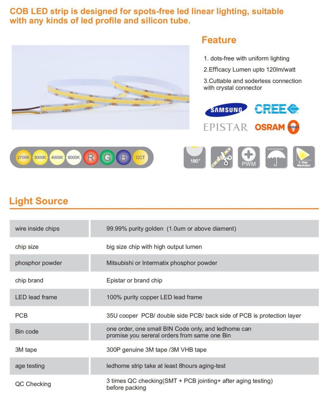 Factory Wholesale 5 Meter CCT COB LED Strip IP20 12V24V LED Strip TV Background Light for Living Room