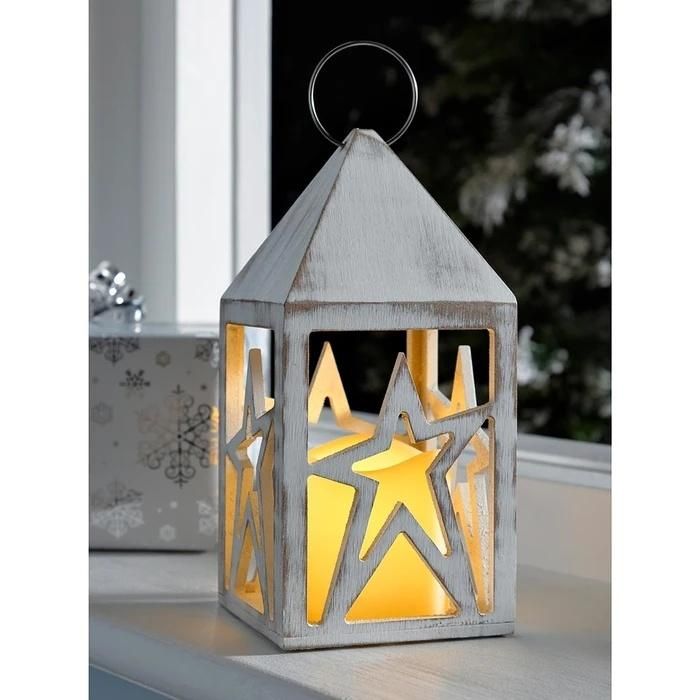 Lantern Christmas Decoration Wood 21.5 Cm White Star Christmas Lights