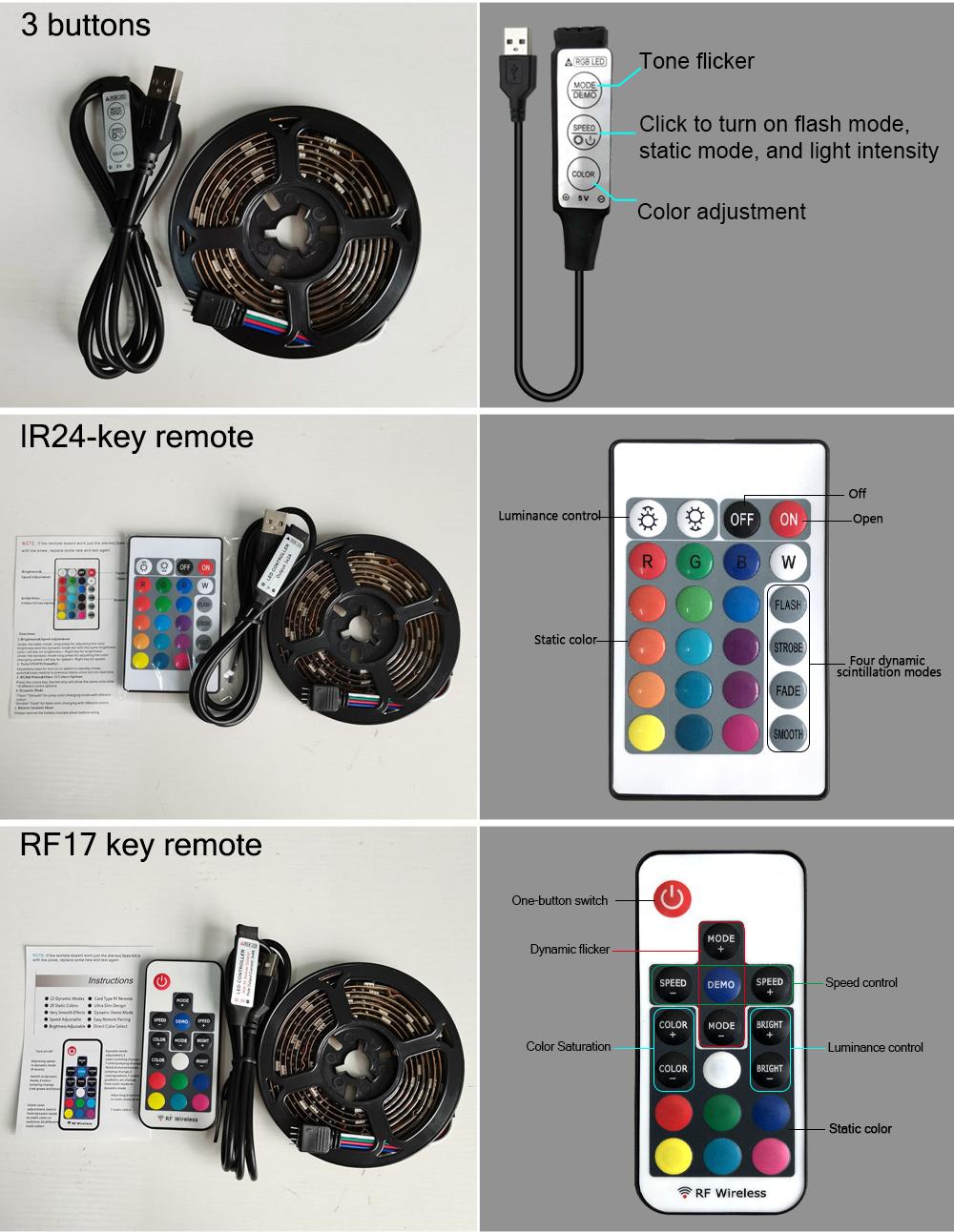 24 Key IR Remote APP Control Music Sound Sensor 5V USB Power 5050 RGB LED Strip Light for TV Backlight