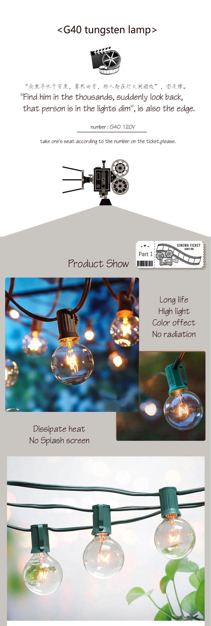 UL G40 25FT 25L Party Decoration Waterproof Tungsten String Light