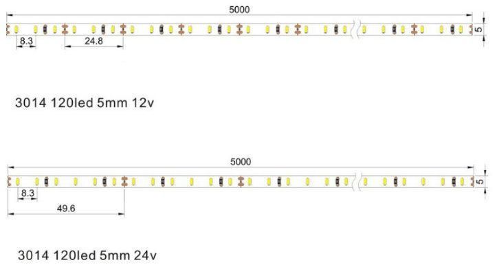 3014SMD 12V/24V 8mm PCB Board 120LED Side Emitting 1800K-6500K LED Linear Strip Lighting