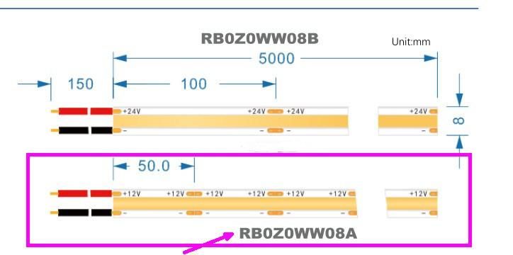 8W/M 8mm Width 320LEDs/M Ra90 DC12V LED Flexible COB Strip for Project