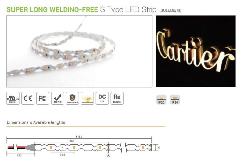 Super Long Welding-Free 30LEDs/M DC12V S Type Linear LED Flexible Strip