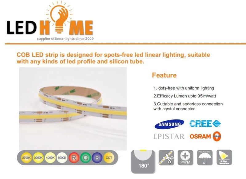 Factory Price 576LEDs/M DC24V COB Dual Color Strip Lights CCT 2700K-6500K Flexible COB LED Strip Light