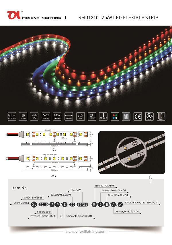 UL Ce SMD 1210 Flexible Strip-30 LEDs/M LED Strip Light