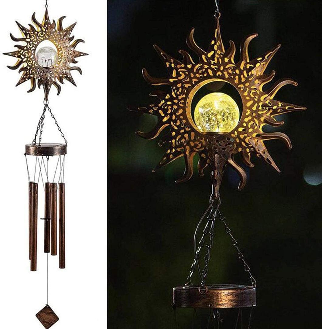 Solar Wind Chimes with Lights, Outdoor Wind Chimes for Patio Decoration, Large Retro Metal Chimes with Broken Glass Balls, Stars, Moon Wyz18491