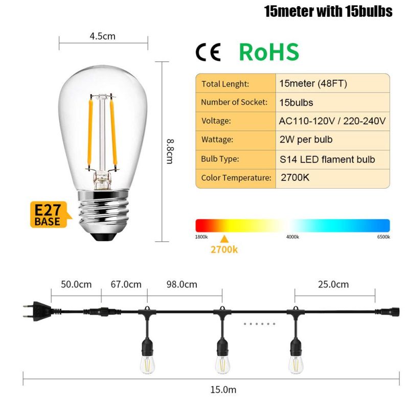 48FT LED PMMA Droop S14 Outdoor String Lights for Decorative Backyard, Patio, Bistro, Pergola Commercial Hanging Lights String