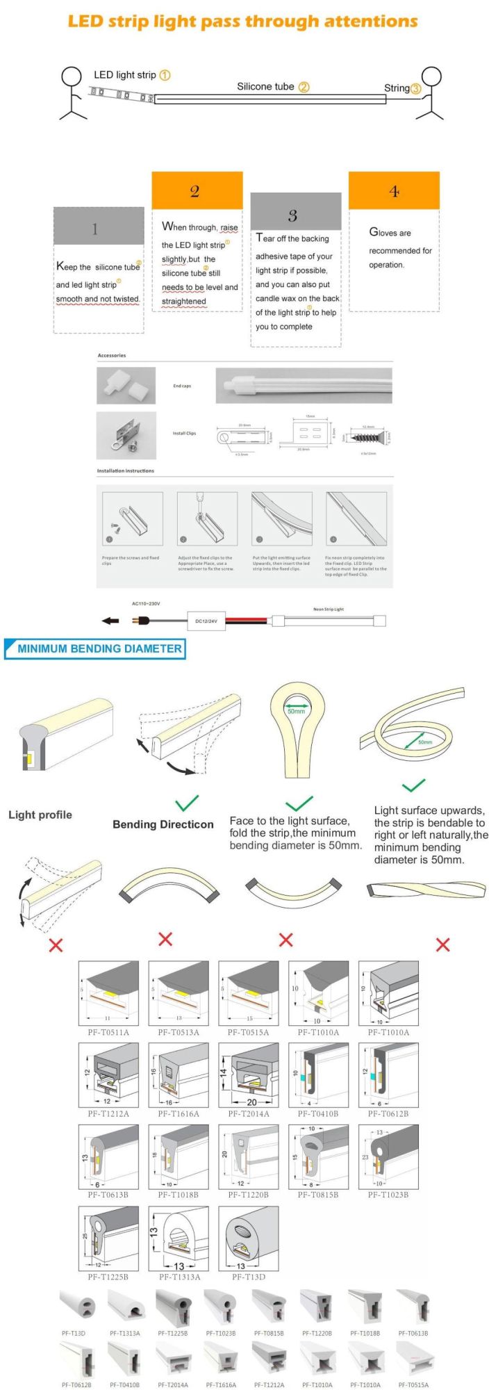 Silicone LED Channel System for 12mm LED Neon Rope Light Strip 12*25mm Flexible Tube Housing Profile