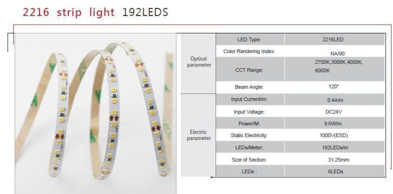 SMD LED Strip Light 2216 192LEDs/M DC24V for Backlight