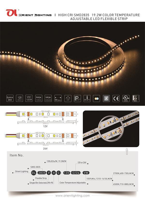 UL Ce High CRI>90 Epistar 2835 Variable White 24V IP20 LED Strip Light