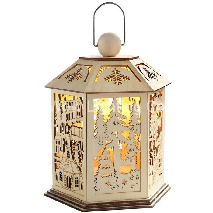 Wooden Lantern Christmas Decoration with Warm LED Lights- White