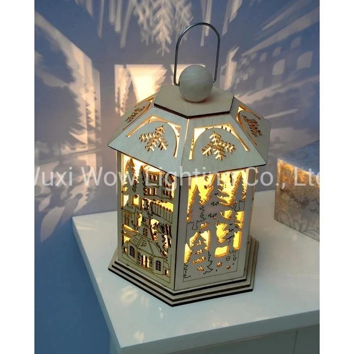 Wooden Lantern Christmas Decoration with Warm LED Lights- White