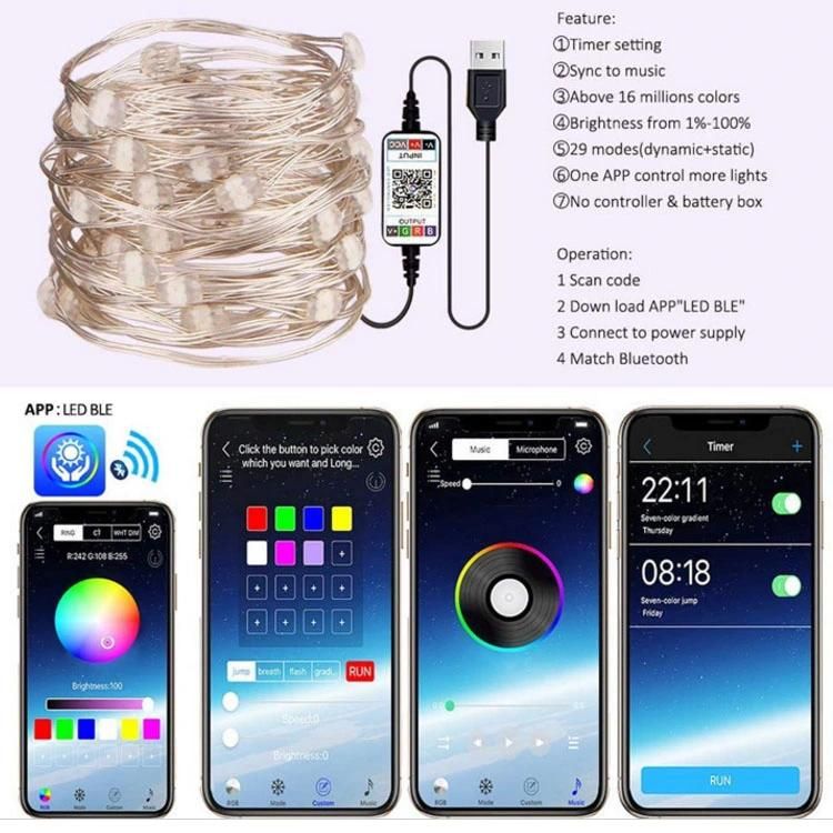 Waterproof APP Control USB Powered 5V Magic RGB Cooper Wire LED String for Christmas Tree Decoration