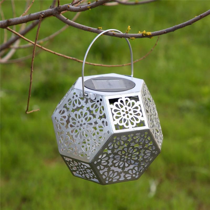 Steel Art Hollow out Round Lantern Hanging Decoration Light LED Solar Christmas Light